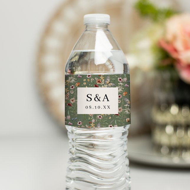 Vinho Rótulo de Garrafa de Água para Casamento com Flor  (Sage Green Wildflower Wedding Water Bottle Label by Painted Paperie
)