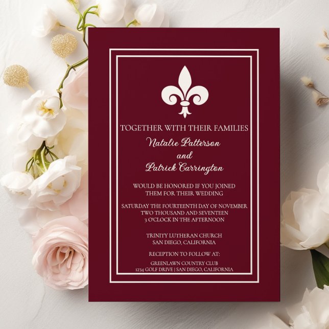 Vinho Vermelho Fleur de Lis Convite Para Casamento (Wine Red Fleur de Lis Wedding Invitation)