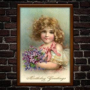 Vintage 1904 Blonde Girl Violets Birthday Poster