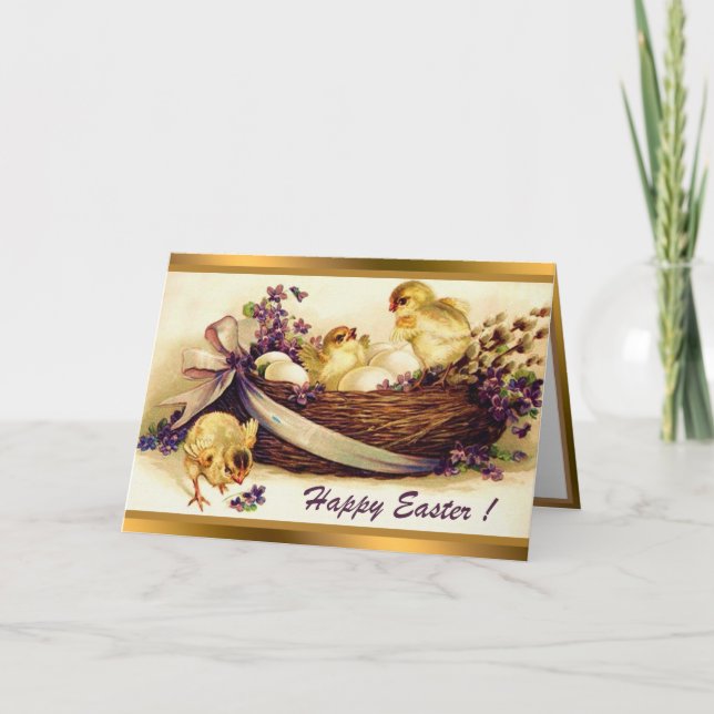 Vintage 3 Galinhas E Ovos Cartões De Páscoa Dobrad (Frente)