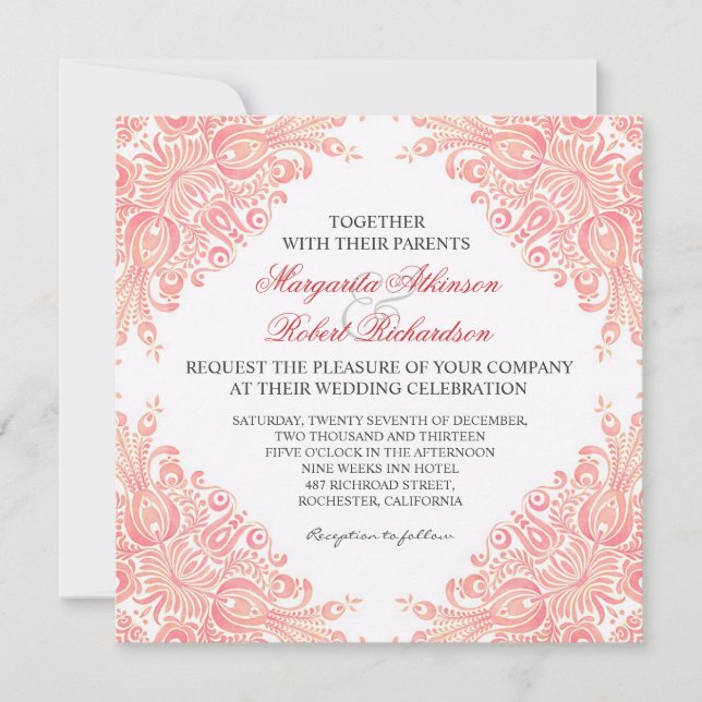 vintage alimenta convites de casamento tema damasc (Frente)