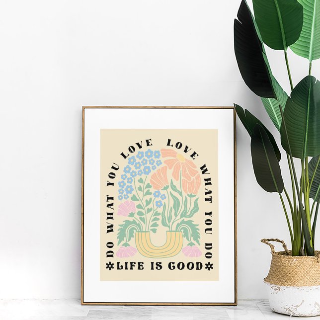 Vintage Arch Floral Inspiration Quote Poster (Vintage Arch Floral Inspirational Quote Poster in a golden frame next to a large green plant.)