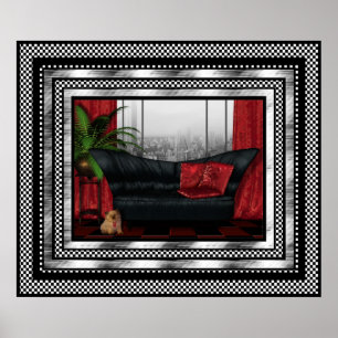 Vintage Art Deco Poster Silver Red Black Sofa Cat