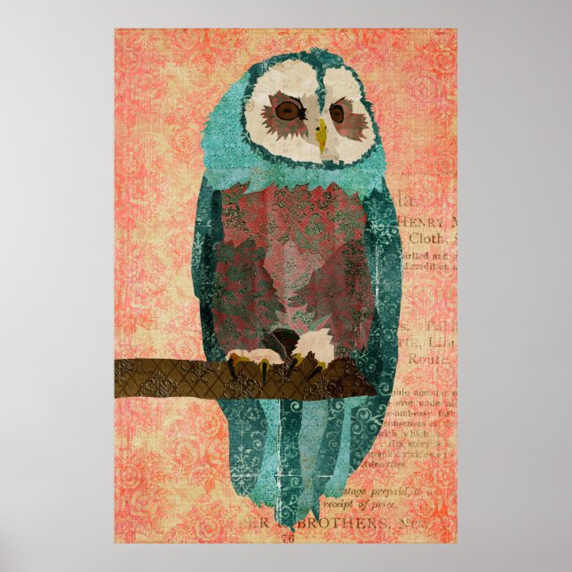 Vintage Azure & Blush Owl Art Poster (Frente)