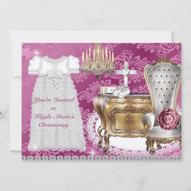 Vintage BAPTISM Convite PINK DAMASK DESIGN (Frente)