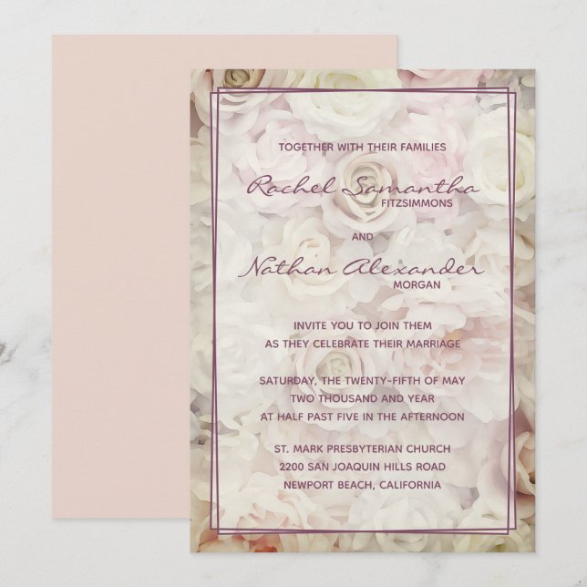 Vintage Bed of Rosa Wedding Invtions (Frente/Verso)