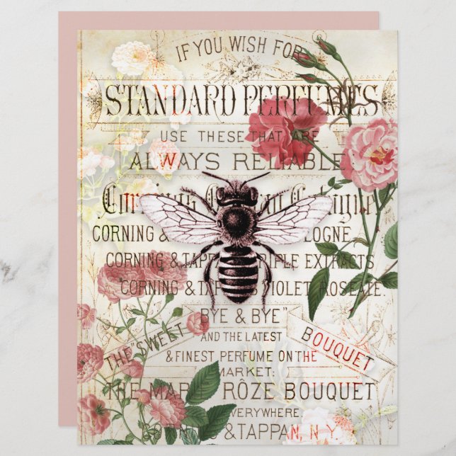 Vintage Bee Floral Collage Scrapbook Paper (Frente/Verso)