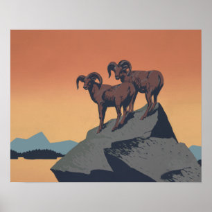 Vintage Bighorn Sheep Wildlife Poster Art
