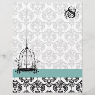 Vintage Bird Cage Aqua Damask Monograma Letterhead
