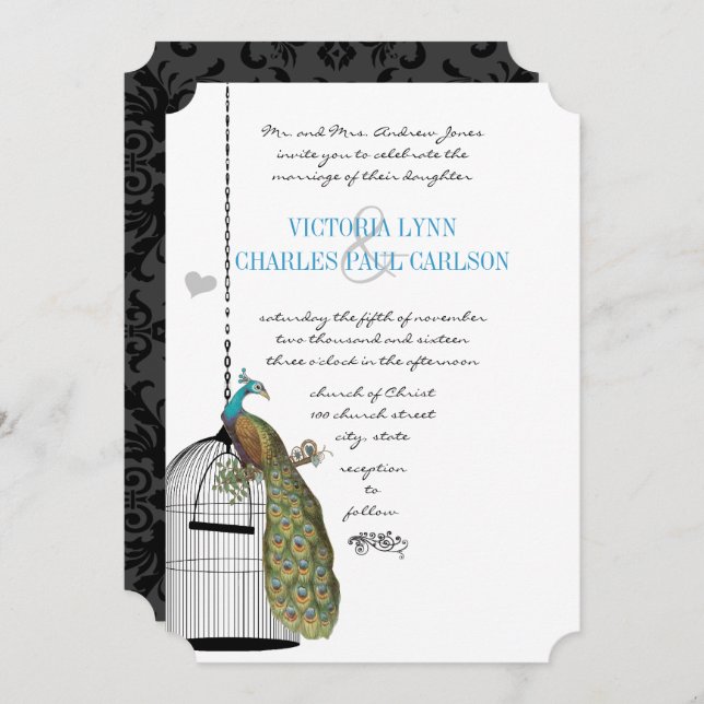 Vintage Bird Cage Peacock Convites para Casamento (Frente/Verso)