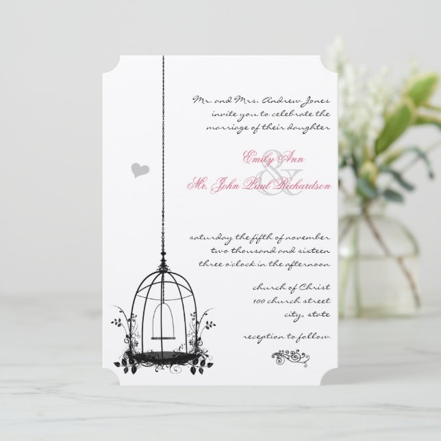 Vintage Bird Cage Red Acentua Convites de Casament (Em pé/Frente)