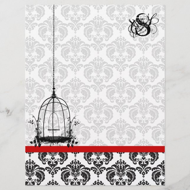Vintage Bird Cage Red Damask Monograma Letterhead (Frente)
