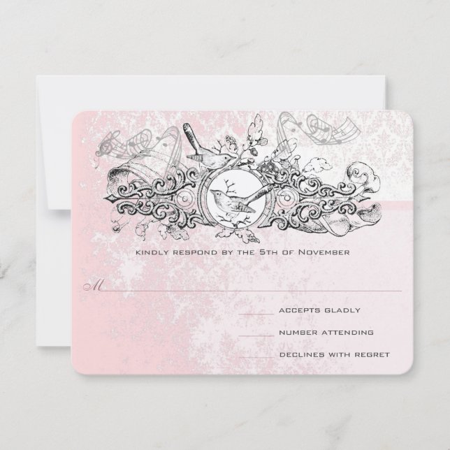 Vintage Bird Pink Musical Scroll Wedll RSVP (Frente)