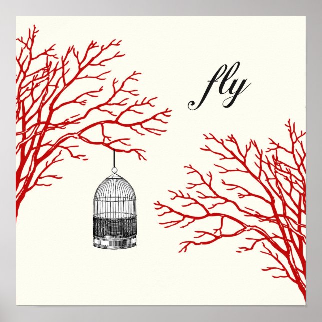 Vintage Birdcage Red Branch "fly" Poster (Frente)