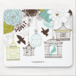 Vintage Birdcages Floral Personalizada Mousepad<br><div class="desc">Mousepad floral personalizável,  com ilustrações de flores,  aves-vivas e passagens de vindima.</div>