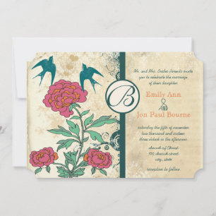Vintage Birds Damask Cabbage Rosa Convites de casa