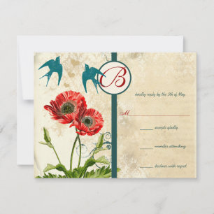 Vintage Birds Damask Poppy Casamento Convite