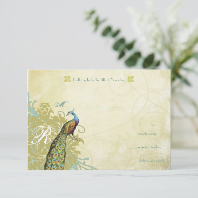 Vintage Birds Lagoon Endive Aged Damask RSVP (Em pé/Frente)