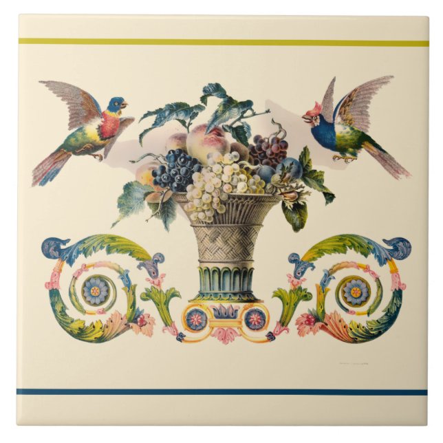 Vintage Birds & Vase Com Fruta De Azulejo (Frente)