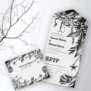 Vintage Black and White Line Art, flores do casame