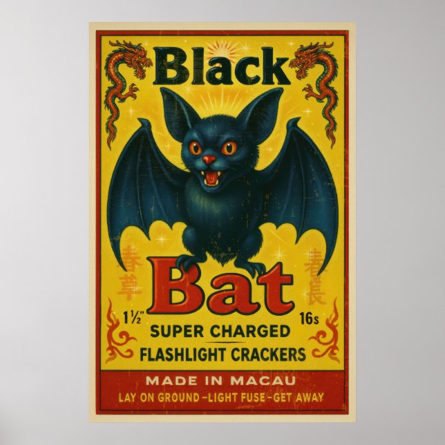 Vintage Black Bat Firecracker Label Poster (Frente)