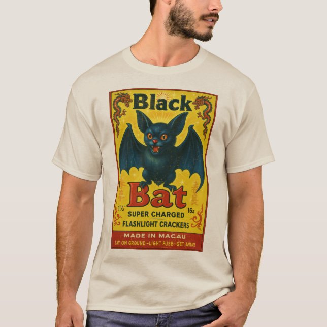 Vintage Black Bat Firecracker Label T-Shirt (Frente)