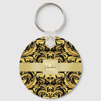 Vintage Black Damask Dourado Monograma Chaveiro
