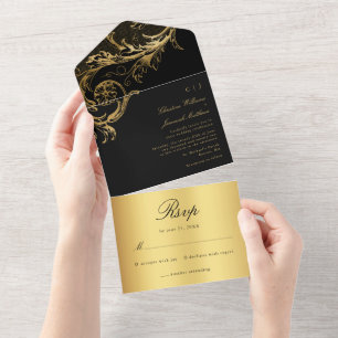 Vintage Black Dourado Damask Calliografia Casament