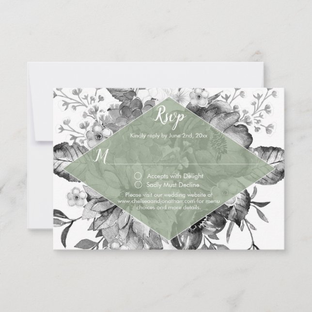 Vintage Black White Sage Green RSVP (Frente)