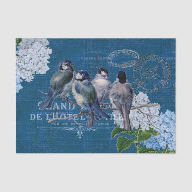Vintage Blue Birds Flores Papel Tecido Francês (Frente )