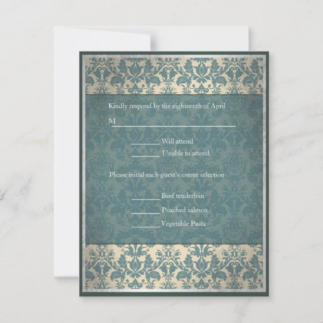 Vintage Blue Casamento tema damasco RSVP (Frente)