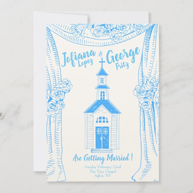 Vintage Blue Church Convite para Casamento (Frente)