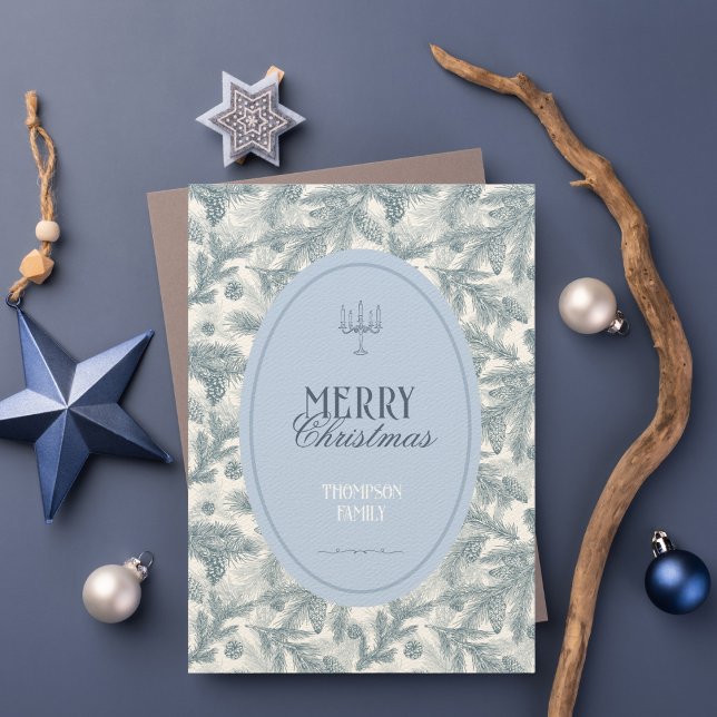 Vintage Blue Pine Branches Flat Christmas Card (Criador carregado)
