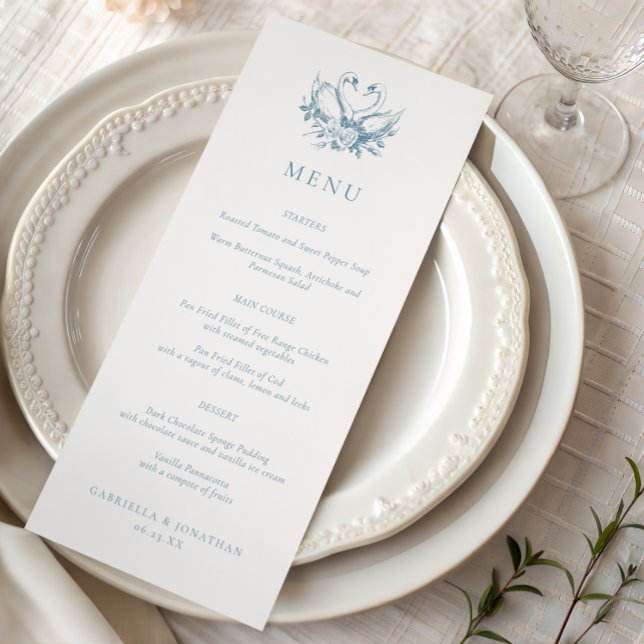 Vintage Blue Romantic Swans Wedding Menu (Criador carregado)