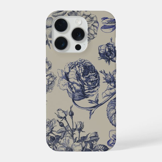 Vintage Blue Toile Botanical Floral Phone Case (Verso)