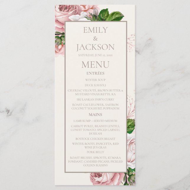 Vintage Blush Pink Cream Floral Menu Casamento (Frente)