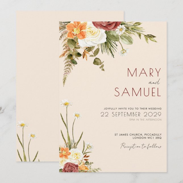 Vintage Boho Rustic Convite Floral (Frente/Verso)