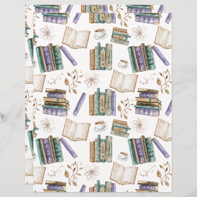 Vintage Books Scrapbook Paper in White (Frente/Verso)