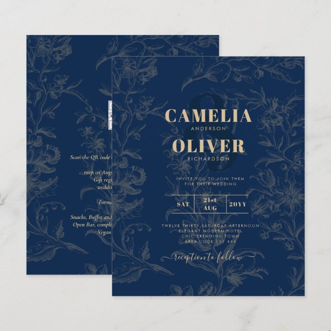Vintage BOTANICAL Marinho Blue Dourado Casamento (Frente/Verso)