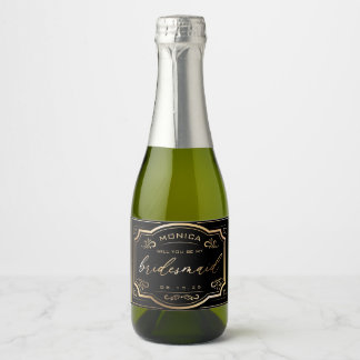 Vintage Bridesmaid Champagne Label Preto e Dourado