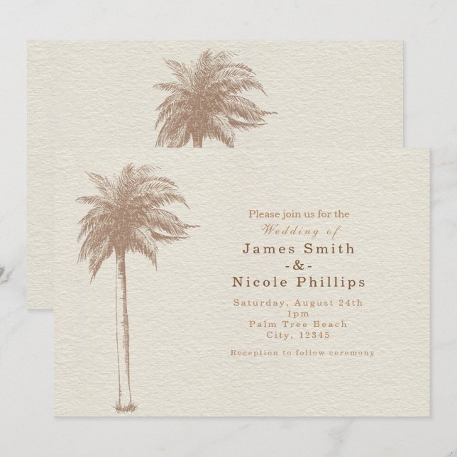 Vintage Brown Palm Tree Beach Casamentos Convites (Frente/Verso)