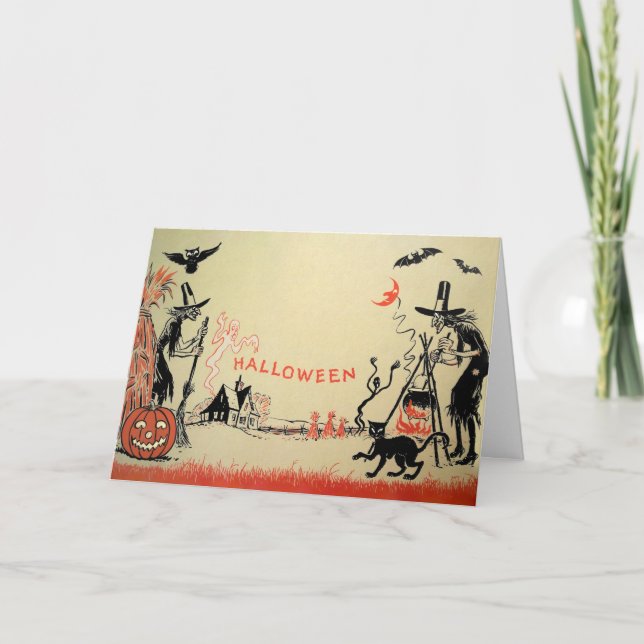 Vintage Bruxas Cartão de Halloween (Frente)