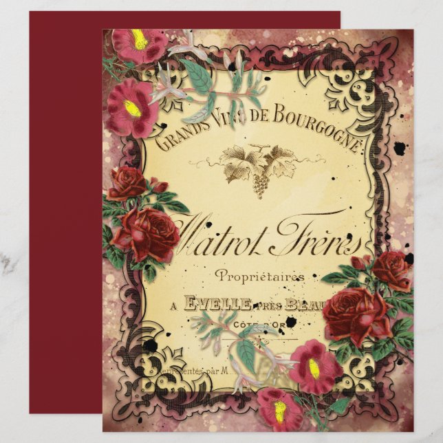 Vintage Burgundy Ephemera Frames Scrapbook Paper (Frente/Verso)