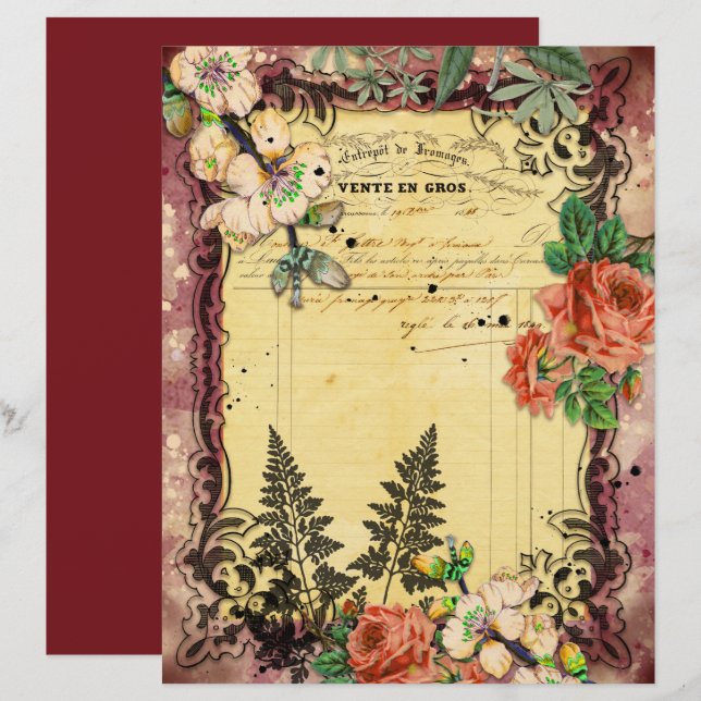 Vintage Burgundy Ephemera Frames Scrapbook Paper (Frente/Verso)