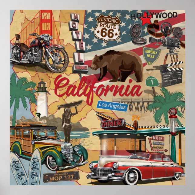 Vintage California poster com atrações turísticas (Frente)