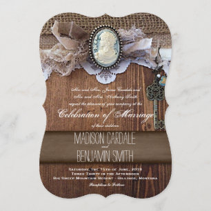 Vintage Cameo Key Burlap Wood Convites de casament