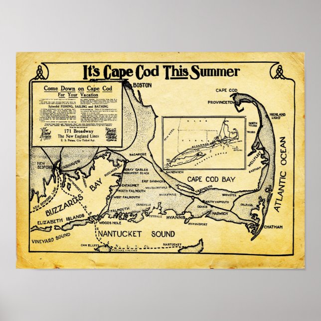 Vintage Cape Cod Viagem Ad Com Map Impressão (Frente)