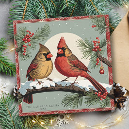 Vintage Cardinal Birds Family Holly Christmas Card