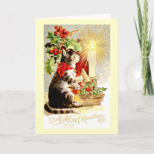 Vintage Cat and Candle com Cartão de Natal