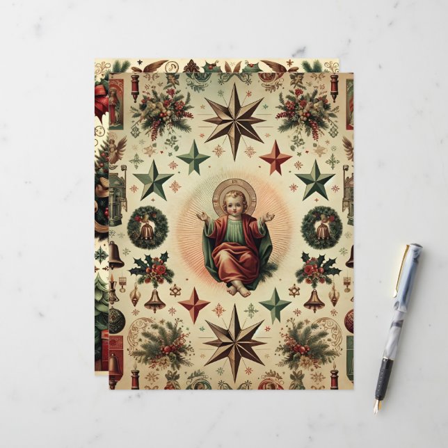 Vintage Christian Christmas Scrapbook Paper (Frente/Verso In Situ)